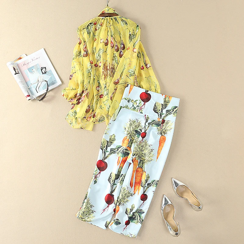 

XF High Quality Fashion Runway Designer Pants Set Ms. Long Sleeve Chiffon Pullover + Vintage Printed Pants Set Two Piece Set