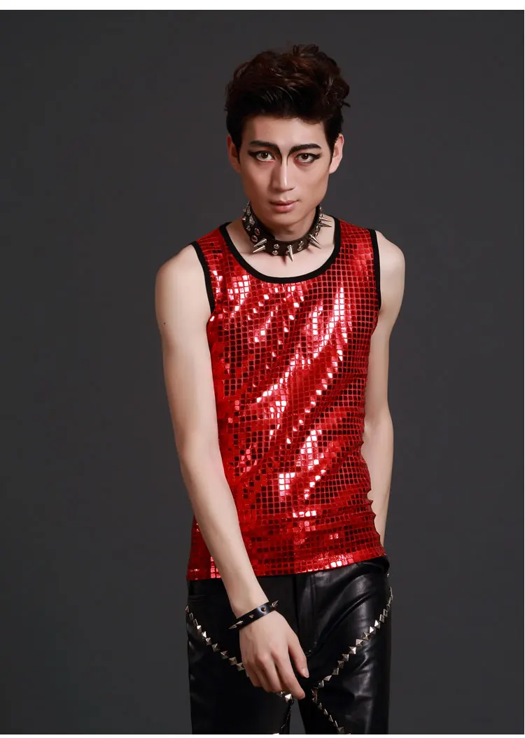 Men's Red Paillette Slim Vest Nightbar singer fashion stage performance costumes | Мужская одежда