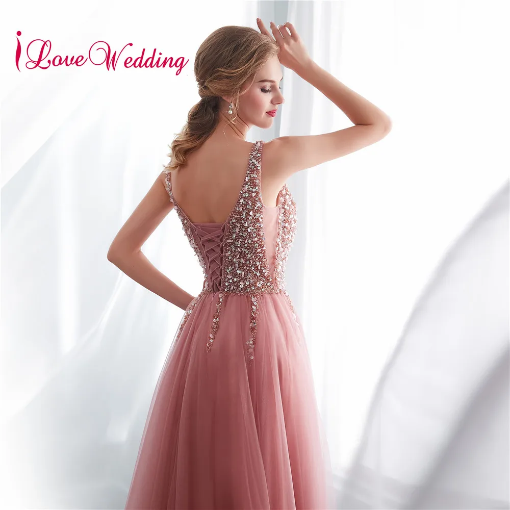 ILoveWedding/длинное вечернее платье с треугольным вырезом и бусинами|Вечерние платья|