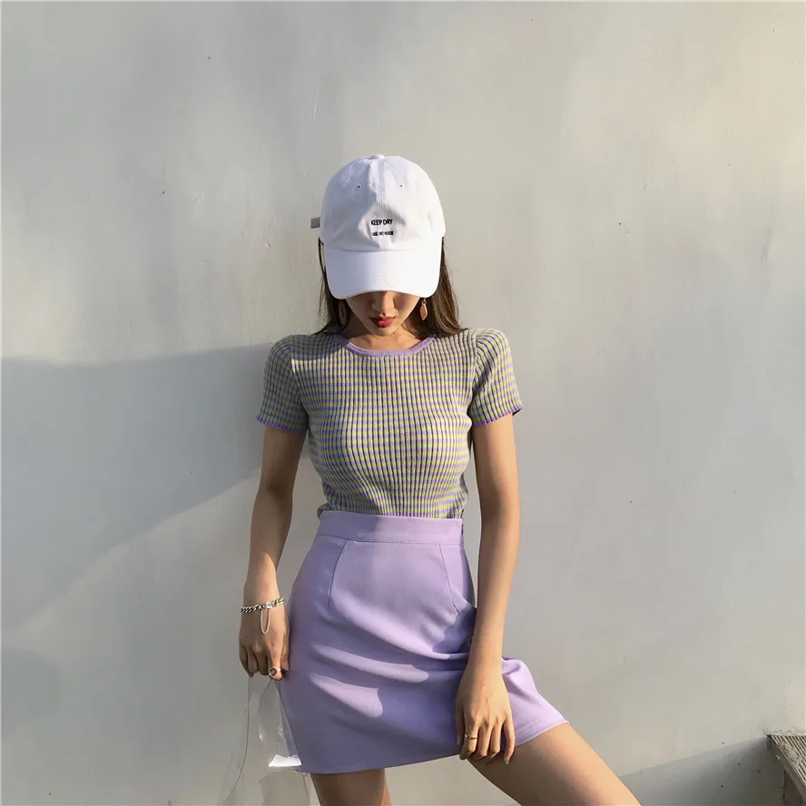 2019 summer Korean Style purple stripe sweater slim knitted tops short sleeve t shirts womens tee shirt femme (R4492) | Женская одежда
