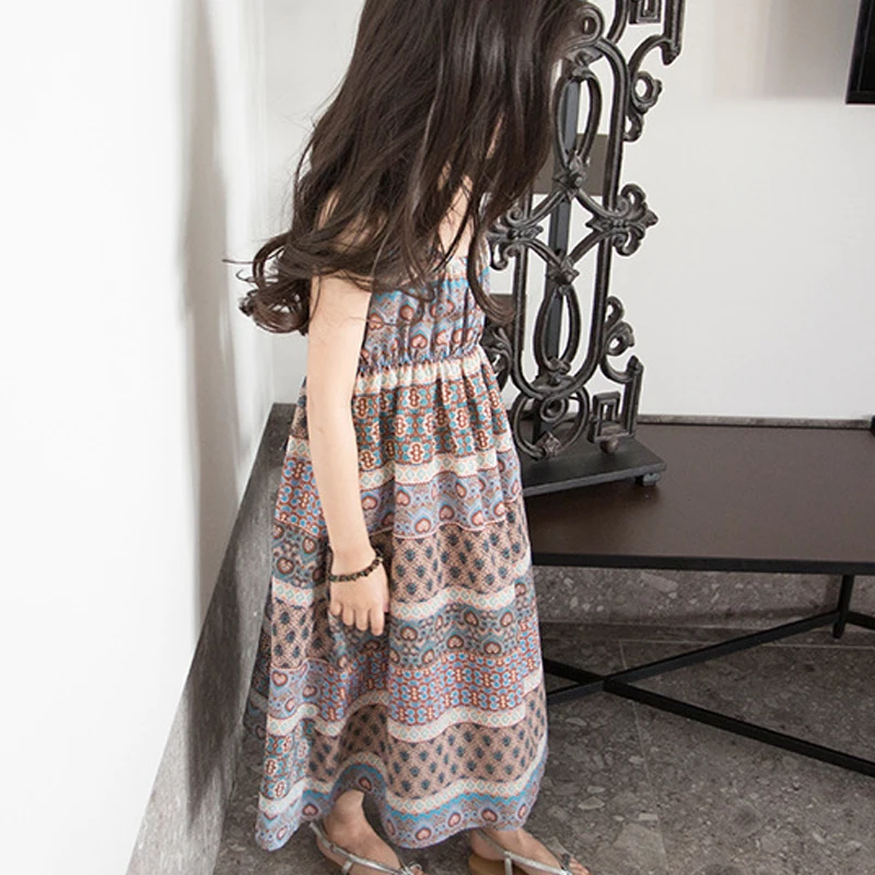 Bear Leader Girls Beach Bohemian Dress New Geometric Pattern Kids Sling-Sleeve Dresses For big children's beach Clothes | Детская