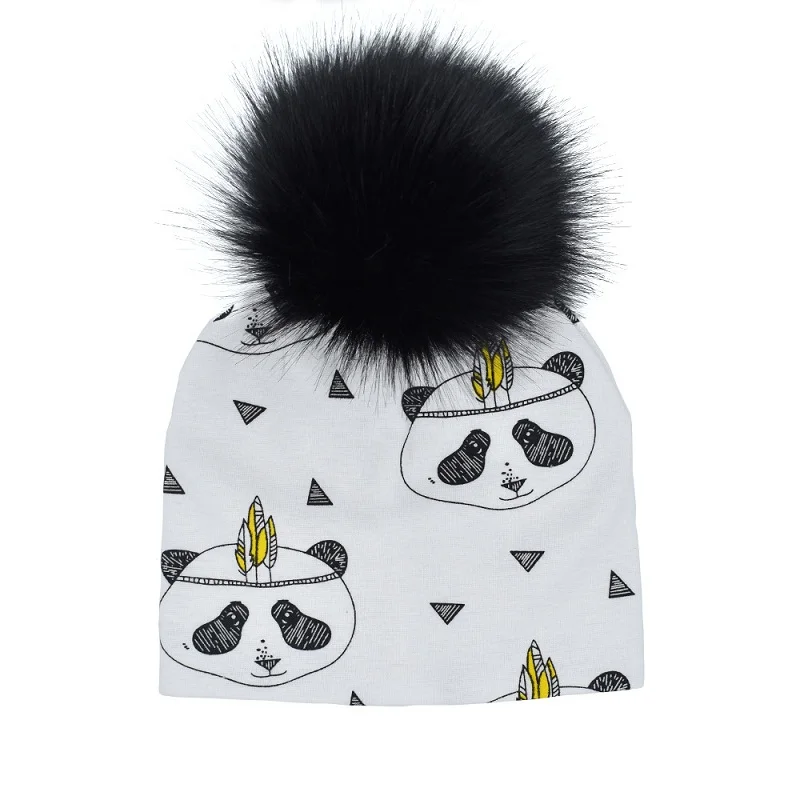 panda 2 Детская шапка, черная детская шапка с помпоном, осенне-зимняя хлопковая детская шапка с принтом, детские шапки с искусственным мехом для мальчиков и девочек, шапочка с помпонами - Цвет: panda 2