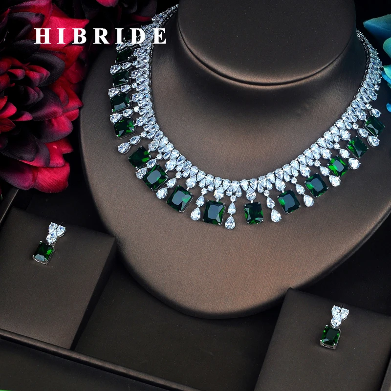 

HIBRIDE Luxury Green Color Square Shape CZ Jewelry Sets Bride Necklace Sets Wedding White Gold Color Accessories Wholesale N-419