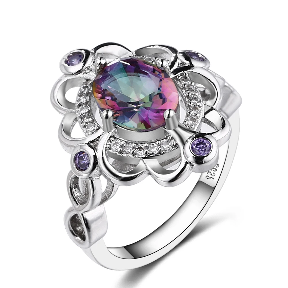 Bague Ringen Настоящее мистическое Радужное топаз 925 пробы Серебряное кольцо Помолвочное кольцо с аметистом кольца для женщин женские оригинальные ювелирные изделия