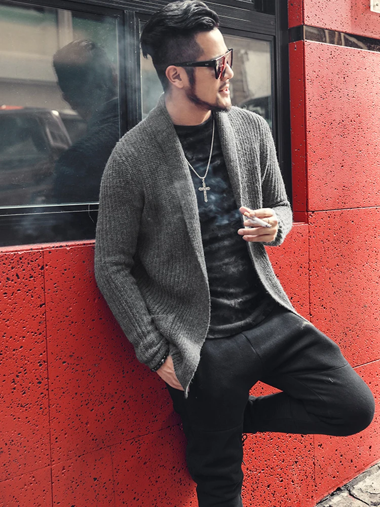 Autumn and Winter New Black Men's Pure Woolen Knitted Cardigan Men Casual Slim Warm European Style Long Sleeve Knitwear J775 | Мужская