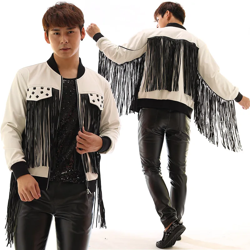 Мужская куртка из ПУ кожи тонкая с кисточками и стразами ручная работа для