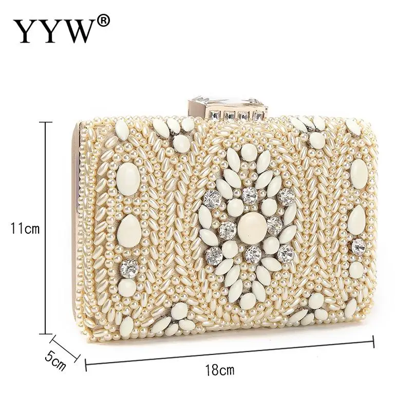

White Women Beaded Handbags Clutch Flower Crystal Beaded Clutch Evening Purse Clutches Bridal Wedding Box Bags Bolsos Mujer 2019