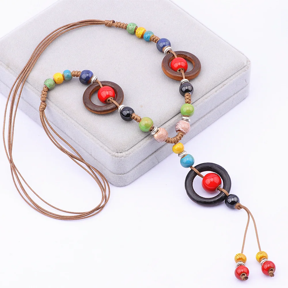 Женское винтажное ожерелье в этническом стиле длинное с цветными керамическими