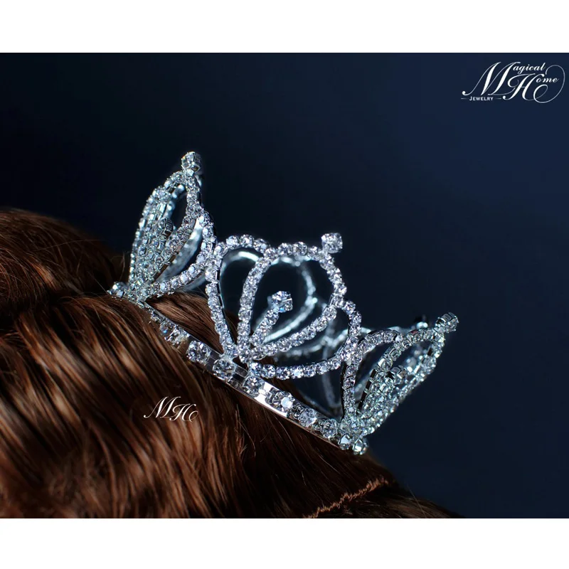 Девушки маленький круглый Тиара Мини корона принцессы со стразами Hairwear Невеста выпускного бала День рождения украшения для волос FC0076