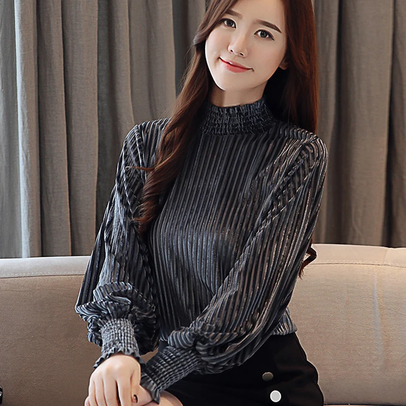 Осенняя модная женская Свободная футболка из велюра с воротником-стойкой и