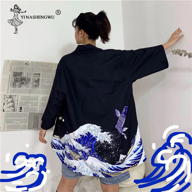 Японское традиционное Восточное кимоно The Great Wave Off Kanagawa в этническом стиле