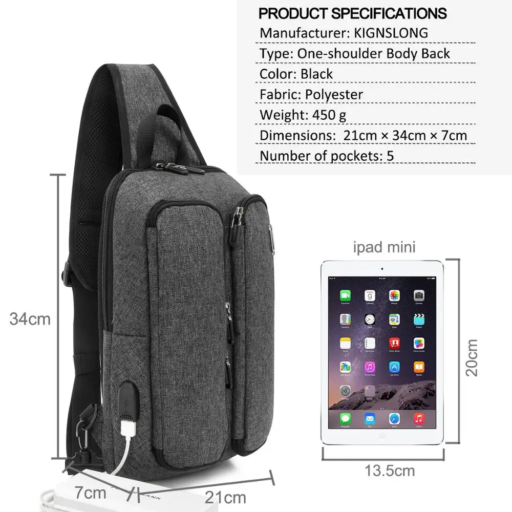 sling bag Fashion black bags with usa charge chest bag light weight daypack outdoors daily bags fit in 9.8 inch ipad By KSL