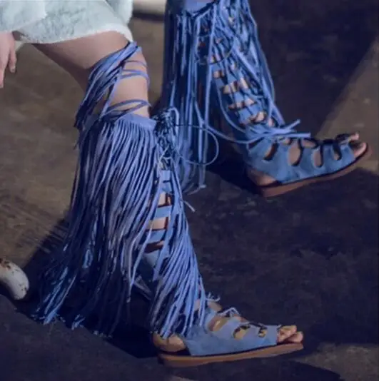 

Blue Suede Fringe Knee High Boots High Quality Flat Tassel Gladiator Sandals Boot Peep Toe Cut-out Rome Shoes Plus Size 10