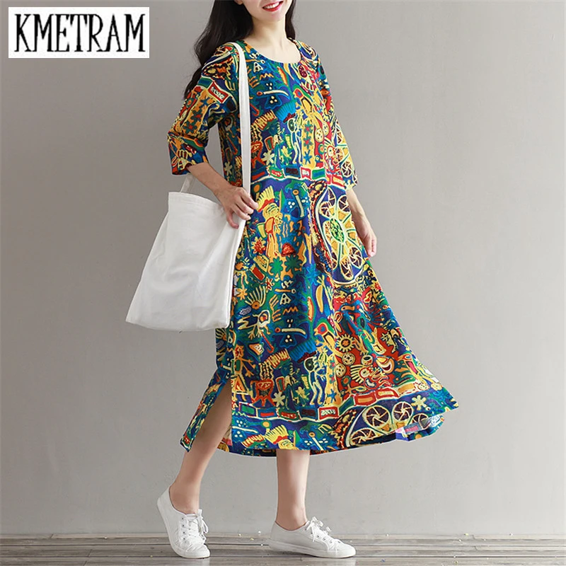 Платье женское длинное с цветочным принтом из хлопка батальных размеров YJZ012|vestidos