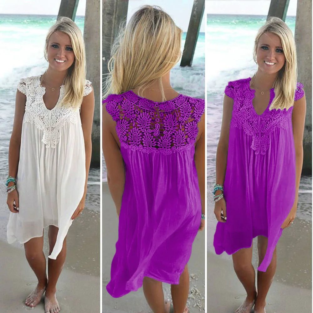 Новинка 2019 летнее женское свободное пляжное кружевное платье без рукавов