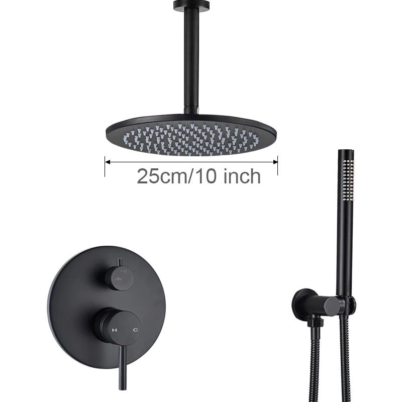 10inch Ceiling Mount Матовый черный душевой кран из латуни осадков скрытый смеситель для душа кран в стену 8/10/12/1" Дождь Насадки для душа переключающий клапан - Цвет: 10inch Ceiling Mount