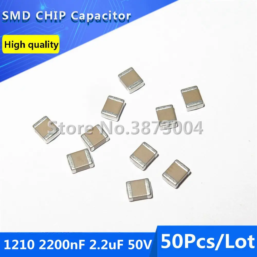 

50pcs 1210 2200nF 2.2uF 50V 10% Thick Film Chip Multilayer Ceramic Capacitor
