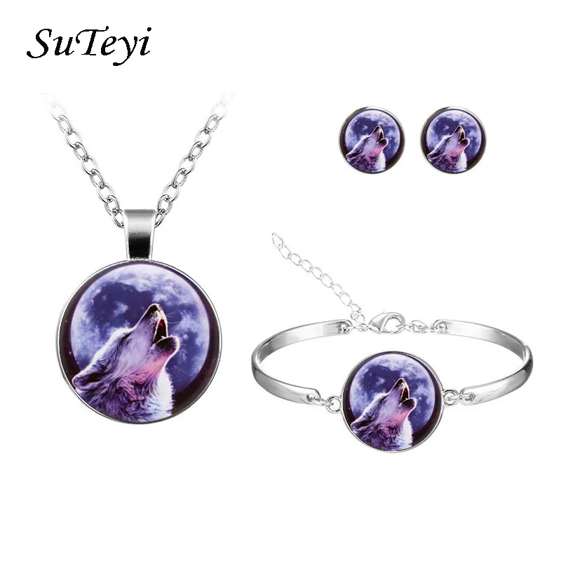 SUTEYI Trendy Moon Howling Wolf Jewelry Sets Handmade Glass Dome Animal Necklace Bracelet Earrings For Women Gift | Украшения и