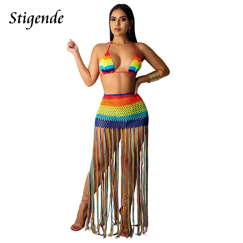 Stigende Summer Beach Hollow Two Piece Crochet Set Women Sexy Rainbow Tassels 2 Skirt Knitted See Through 2pcs Outfits |