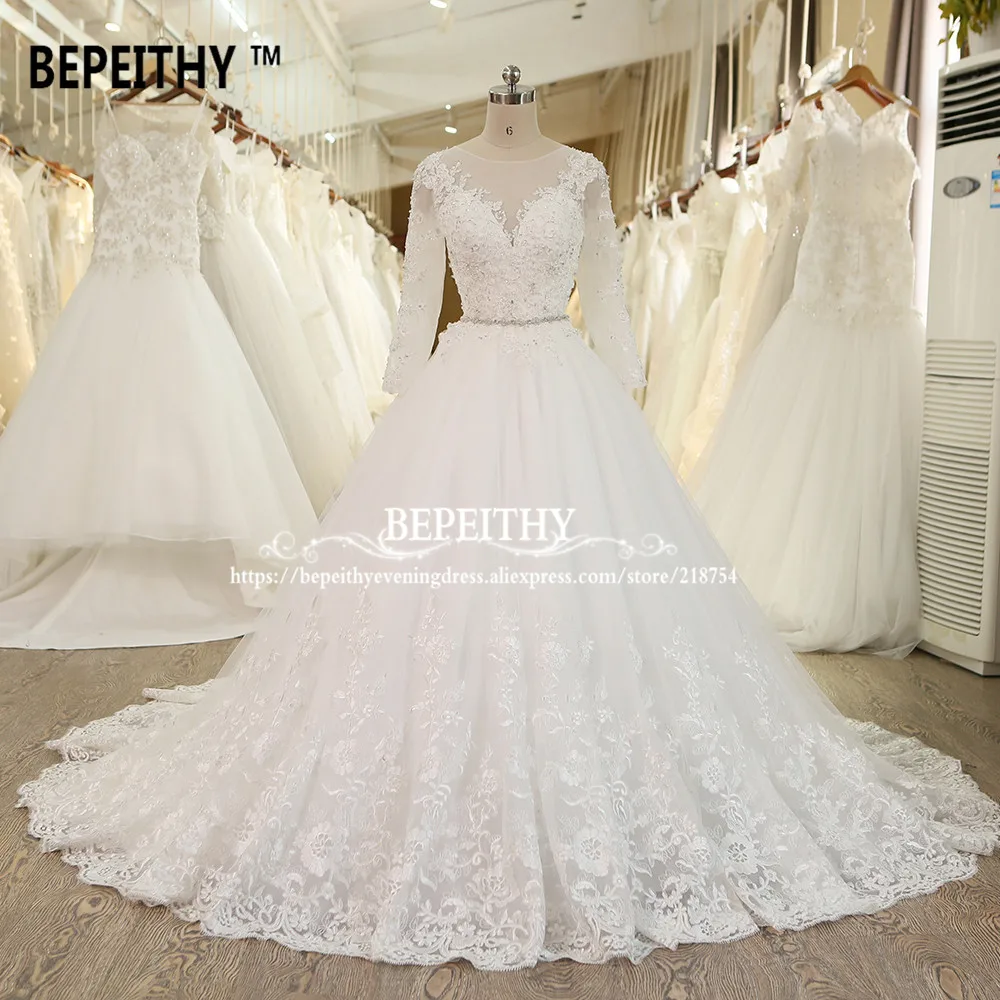 BEPEITHY Robe De Mariage Ball Gown Princess Wedding Dress With Crystal Sash Long Sleeves Lace Bridal Gowns Vestido De Novia 2021
