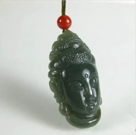 

Hetian jade Qingyu drak green Guanyin buddha head pendant