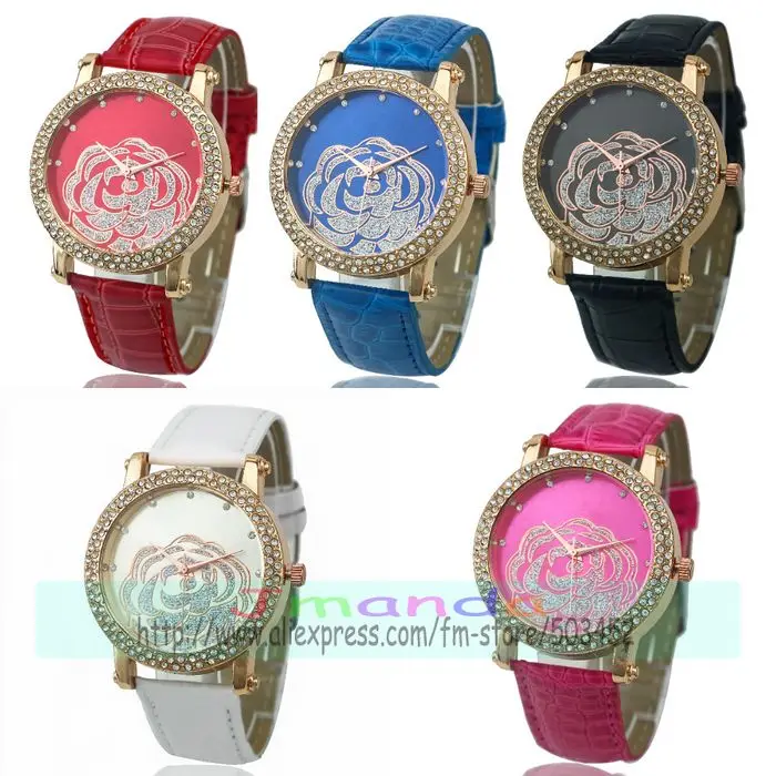 100 шт./лот Новое поступление чайный цветок кожаные часы с двумя рядами кристаллов