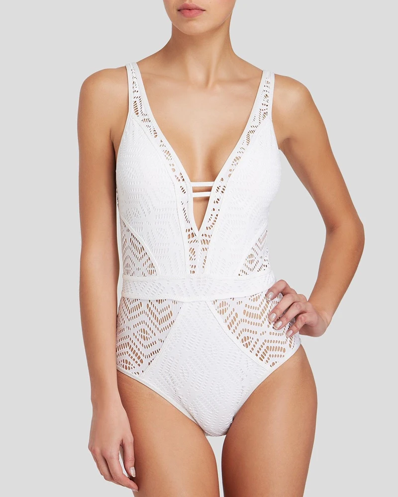 Новый кружевной купальник монокини с v образным вырезом размера плюс женские купальники высокой талией