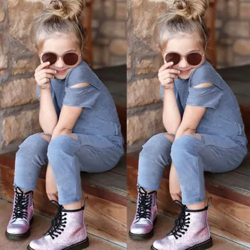2018 Summer Toddler Kids Baby Girl Short Sleeve Hole Romper Jumpsuits Playsuit Outfits Ripped Pants Fashion Clothes 1T-6T | Детская