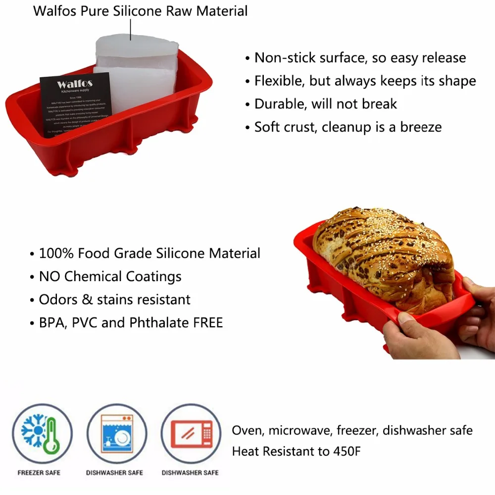 WALFOS Силиконовая прямоугольная форма для выпекания хлеба и кекса|loaf pan|french breadsilicone