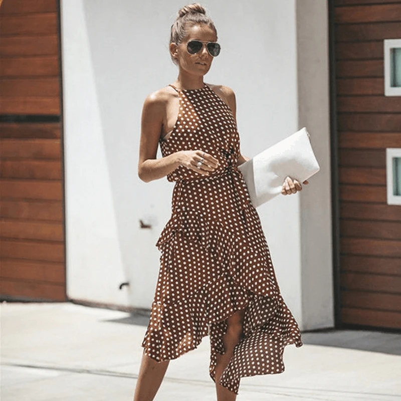 Женское вечернее платье без рукавов в горошек Boho пляжное макси летнее 2019|Женские