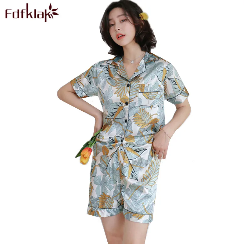 Женская атласная пижама с коротким рукавом летняя Пижама модным принтом