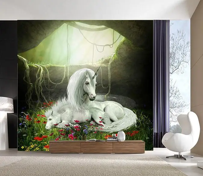 [Self-Adhesive] 3D Cave Rest Two Unicorns 33 Wall Paper mural Print Decal Murals | Обустройство дома