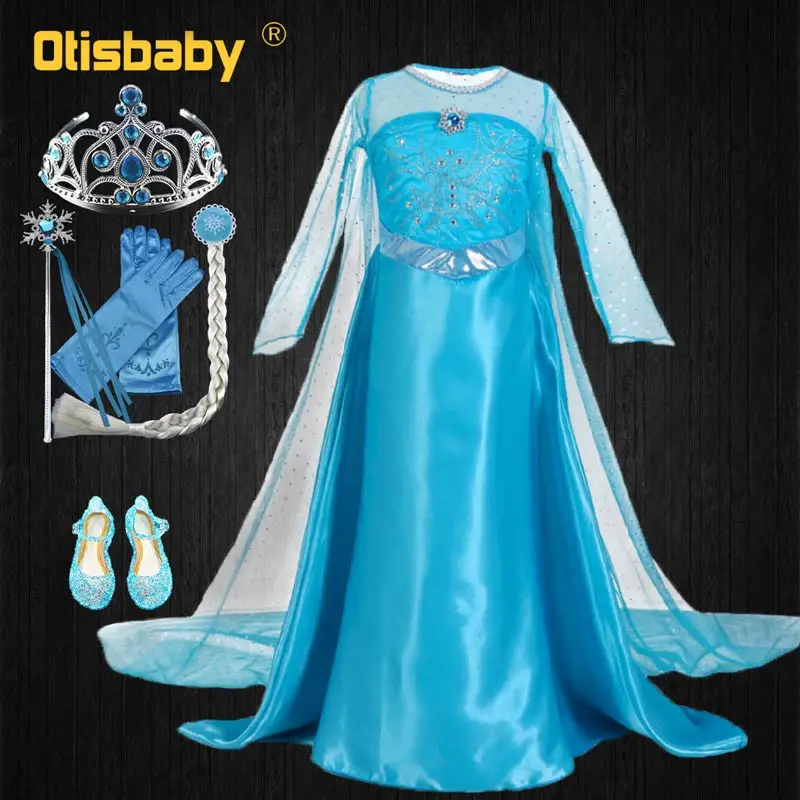 New Year Elsa Anna Princess Dresses for Girls Children Clothing Long Cloak Baby Girl Snow Queen Dress Crown Magic Stick Gold Wig | Детская