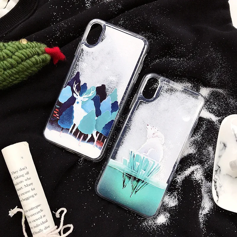 Чехол со снежинками для iPhone XS MAX XR X 8 7 Plus Мягкий ТПУ зыбучий песок Glliter Funda 6 S Polar Bear