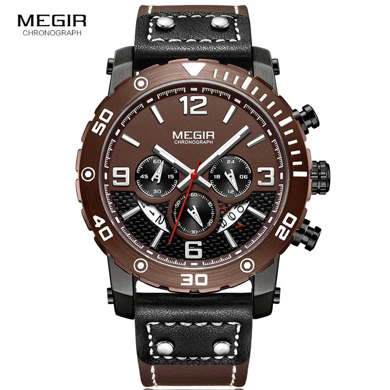 Часы MEGIR Мужские кварцевые с хронографом Модные Аналоговые светящиеся наручные 24 часовым дисплеем кожаным