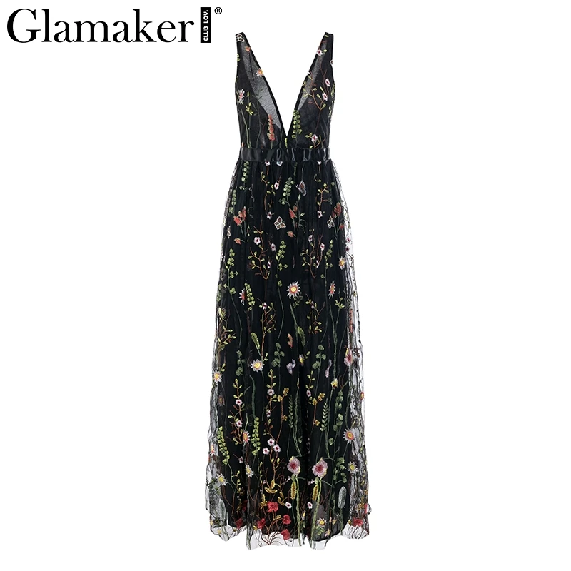 Glamaker, сексуальное Сетчатое винтажное платье макси с цветочной вышивкой, женское осеннее пляжное платье с открытой спиной, женское Элегантное Длинное Платье