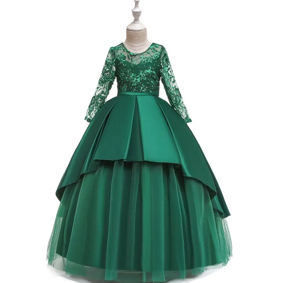 2019 Teen party Girls Wedding Dress Long sleeve Lace flower Party Tulle high-end Princess Birthday Gown for 4-14 ye | Детская одежда и