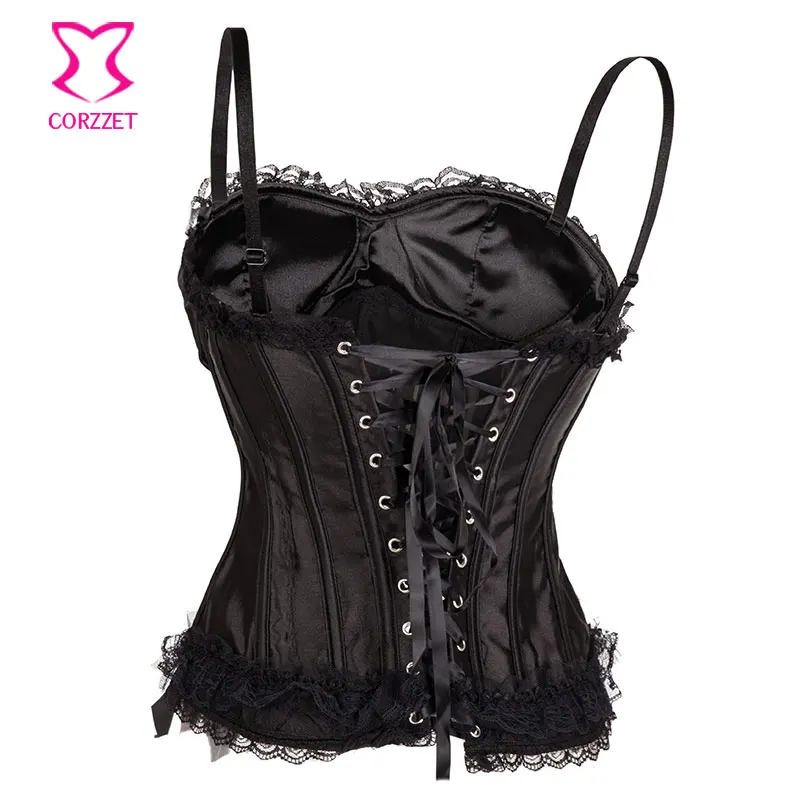 Черное атласное в викторианском стиле с кружевной отделкой и бантом на