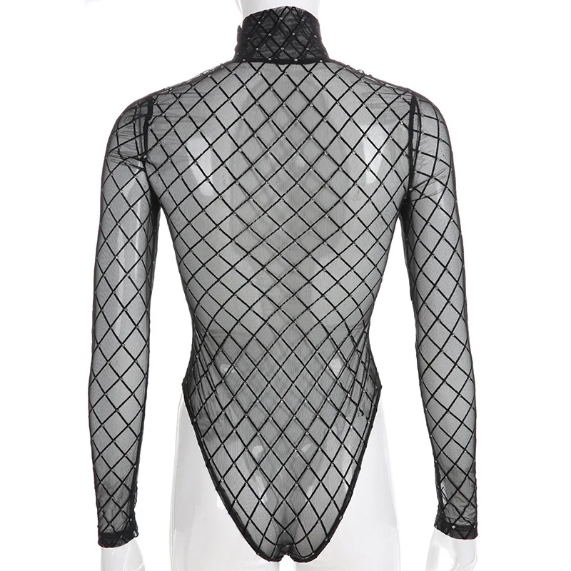 Пикантные прозрачные Черный боди Для женщин Рыболовная Сеть тела s Водолазка с