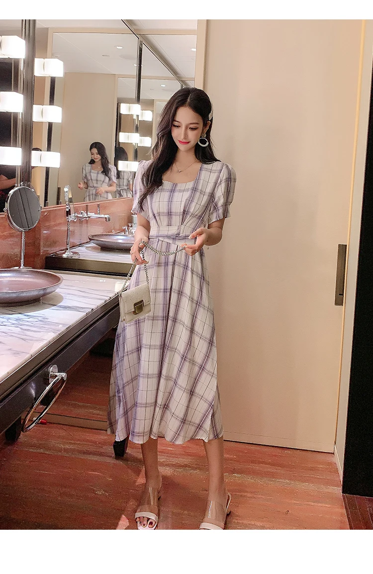 New French retro square collar plaid short sleeved ribbon dress summer waist woman A word big dress dress belt various methods