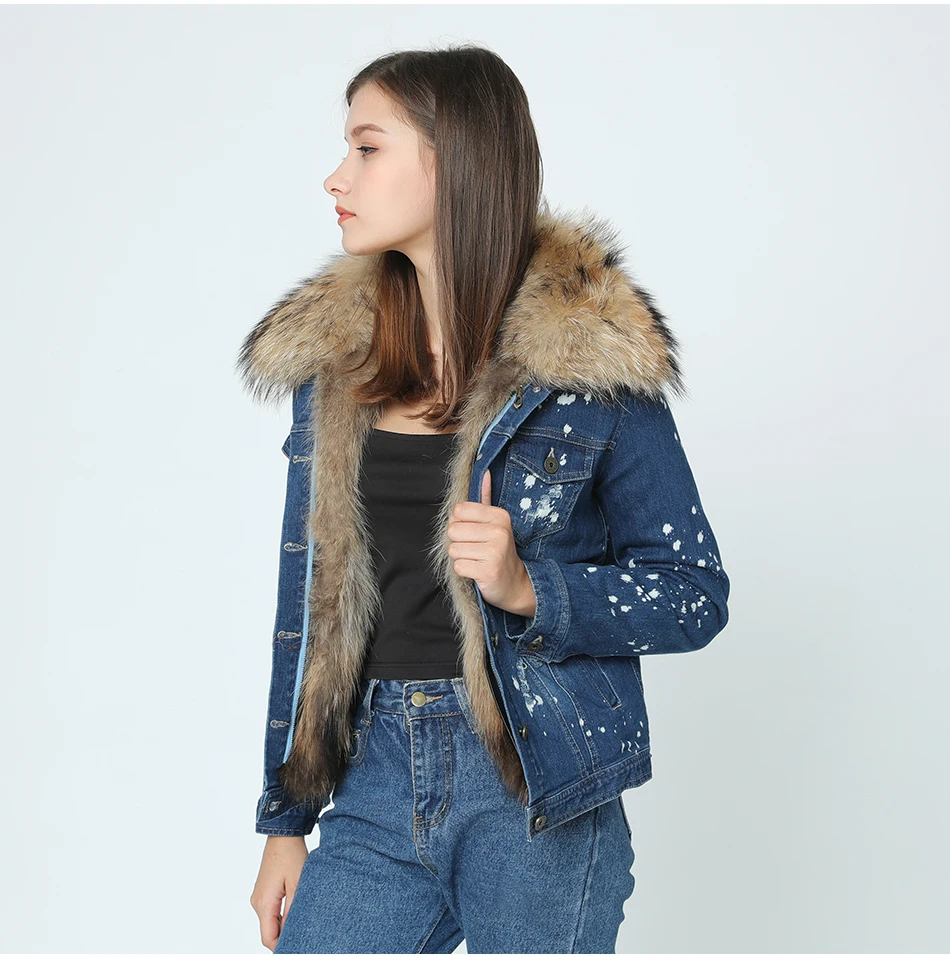 OFTBUY Новая повседневная зимняя куртка женская джинсовая куртка с дырками меховое пальто воротник из натурального меха енота парка с подкладкой из натурального меха енота