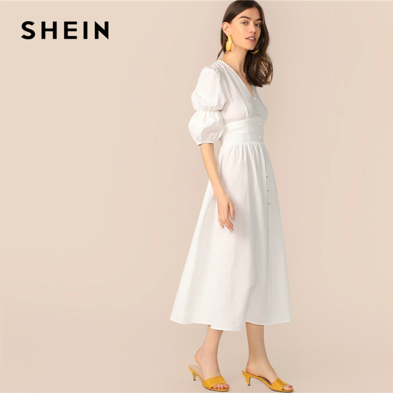 SHEIN Расклешенное Платье С Пуговицами И Оригинальным Рукавом Элегантное Летнее Платье С Средним Рукавом Женские Длинные Платья С V-Образным Вырезом