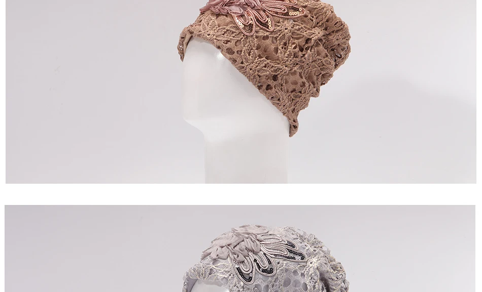Ladybro зимняя шапка, кружевная шапка Skullies, шапка бини, Женский Повседневный цветочный чепчик, женская черная трикотажная шапка, Весенняя Кепка с блестками