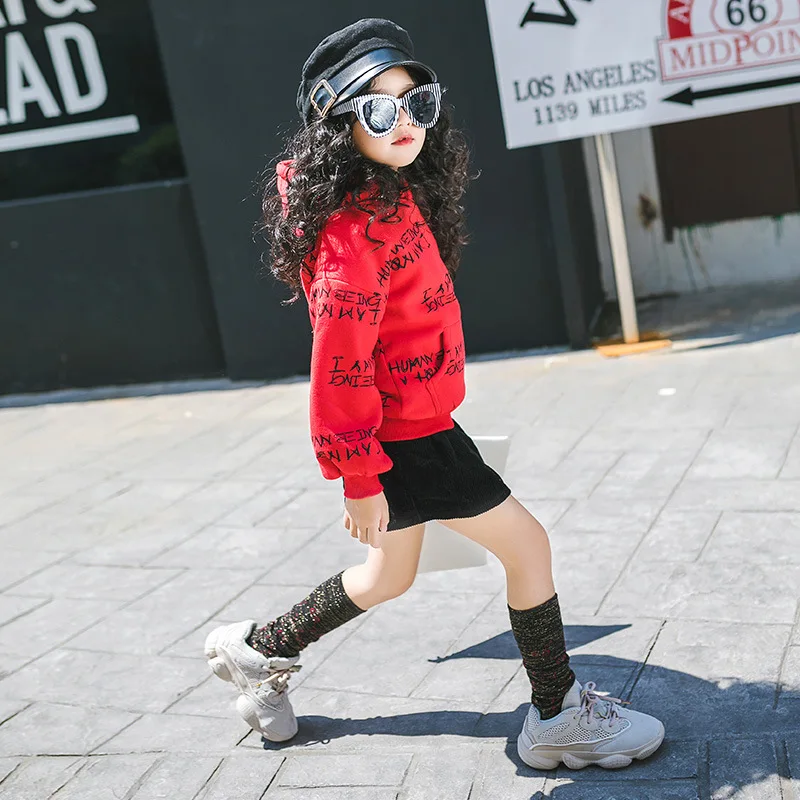 Girls' sweater thick Korean version of the winter 2018 new hooded shirt children plus velvet loose tide pocket top t-shirt | Мать и
