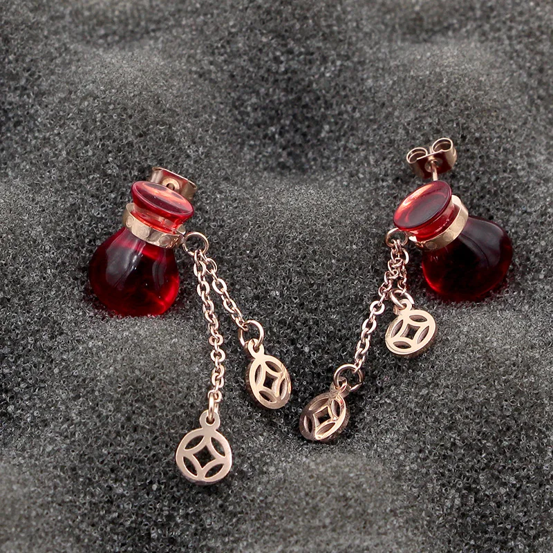 Модные красные серьги-гвоздики в форме монет с китайской кисточкой для женщин |