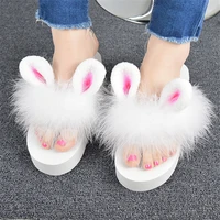 2021so kawaii japanese style lolita girl rabbit bunny ear plush shoes wedge platform thong flip flop slippers slides mules