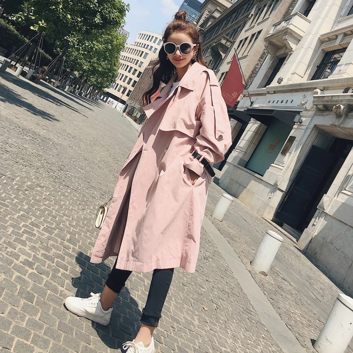 Карамель Цвет бинты манжеты Длинная ветровка свободные Тренч женщина Chic Пальто