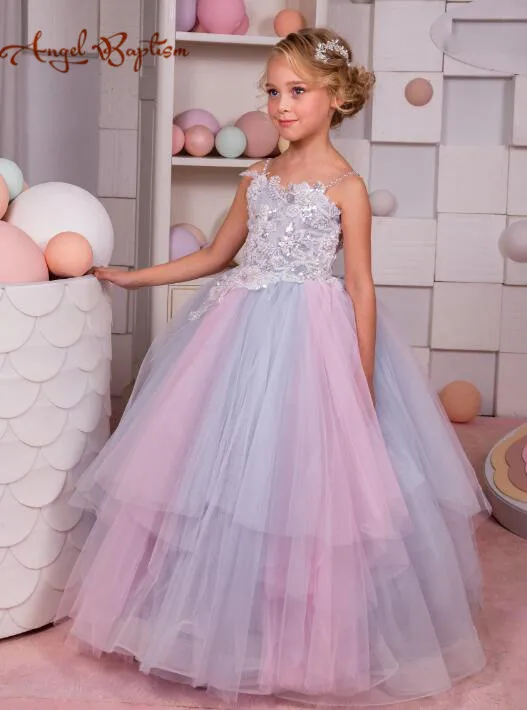 Sexy backless purple and pink laces tulle fairy dresses flower girl dress spaghetti kid pageant party gown with detachable train | Детская