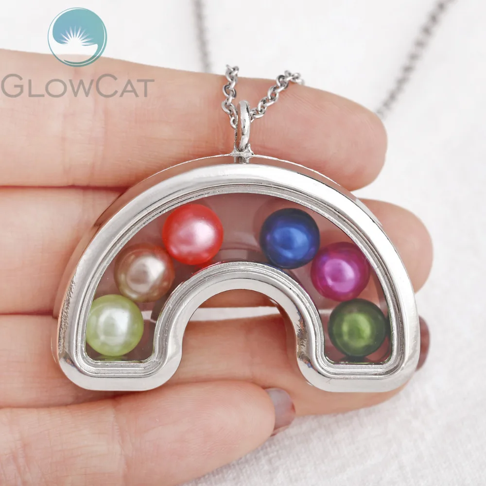 Silver Rainbow Glass Locket Necklace Beads Pearl Can open Memory Photo Pendant | Украшения и аксессуары