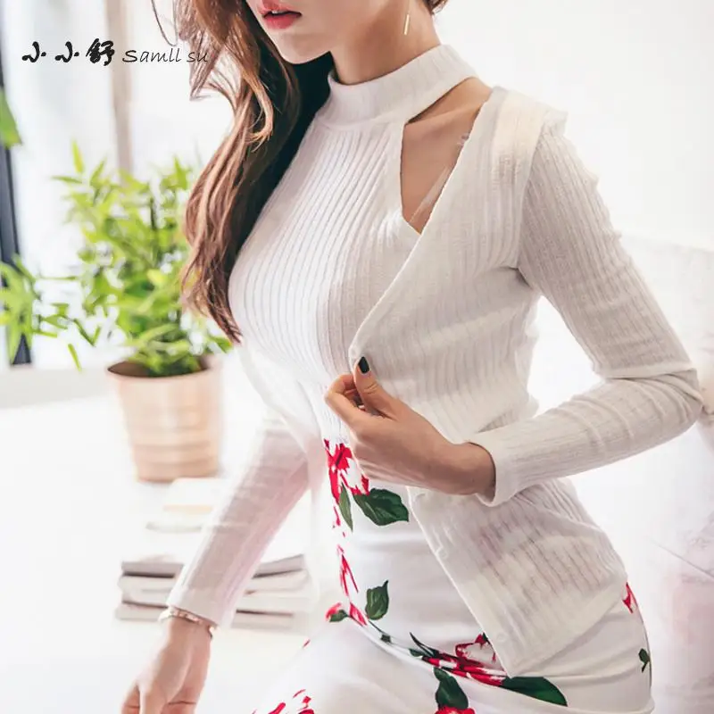 Small Su 2 Pieces Autumn Womens White Knitted Tops Sundress Halter Sexy Party Vintage Bandage Print Pencil Dresses 2017 Vestidos | Женская
